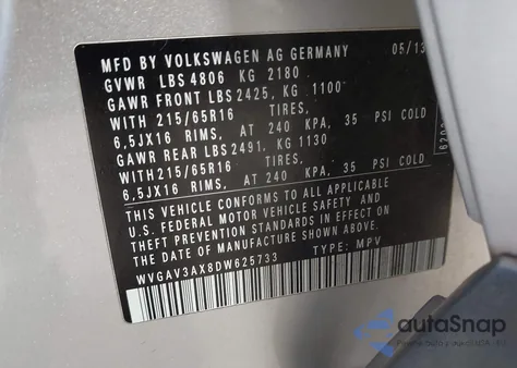 2013 Volkswagen Tiguan S из США, поврежденный, VIN WVGAV3AX8DW625733